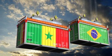 Senegal ve Brezilya bayraklı nakliye konteynerleri - 3D illüstrasyon
