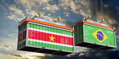 Surinam ve Brezilya bayraklı nakliye konteynerleri - 3D illüstrasyon