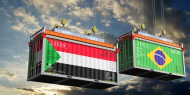 Sudan ve Brezilya bayraklı konteynırlar - 3D illüstrasyon