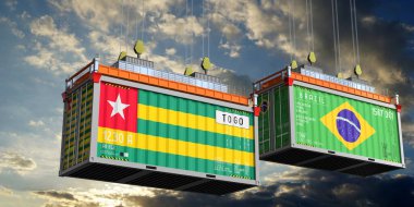 İçinde Togo ve Brezilya bayrakları olan konteynırlar - 3D illüstrasyon