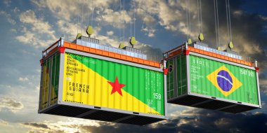 Fransız Guyanası ve Brezilya bayraklı nakliye konteynerleri - 3 boyutlu illüstrasyon