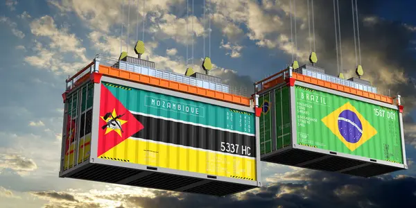 Mozambik ve Brezilya bayraklı nakliye konteynerleri - 3D illüstrasyon