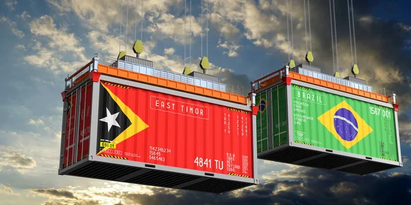 Doğu Timor ve Brezilya bayraklı konteynırlar - 3D illüstrasyon