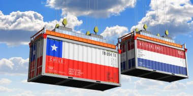 Şili ve Hollanda bayraklı nakliye konteynerleri - 3 boyutlu illüstrasyon