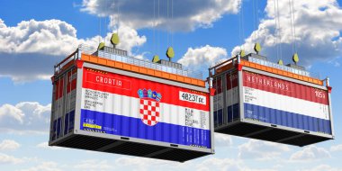 Hırvatistan ve Hollanda bayraklı konteynerler - 3D illüstrasyon