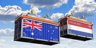 Avustralya ve Hollanda bayraklı nakliye konteynerleri - 3D illüstrasyon