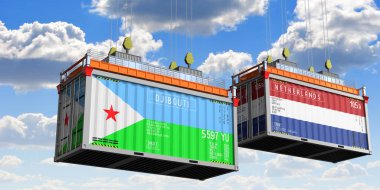 Cibuti ve Hollanda bayraklı nakliye konteynerleri - 3D illüstrasyon