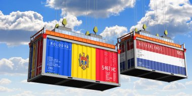 Moldova ve Hollanda bayraklı nakliye konteynerleri - 3D illüstrasyon
