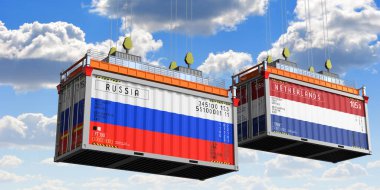 Rusya ve Hollanda 'nın bayraklı konteynırları - 3 boyutlu illüstrasyon