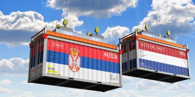 Sırbistan ve Hollanda bayraklı konteynerler - 3D illüstrasyon