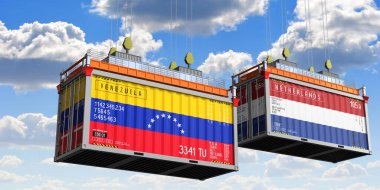 Venezuela ve Hollanda bayraklı nakliye konteynerleri - 3 boyutlu illüstrasyon