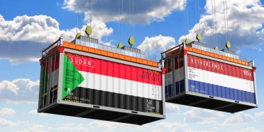 Sudan ve Hollanda bayraklı nakliye konteynerleri - 3 boyutlu illüstrasyon