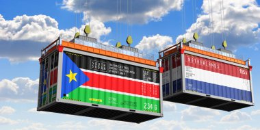 Güney Sudan ve Hollanda bayraklı nakliye konteynerleri - 3 boyutlu illüstrasyon