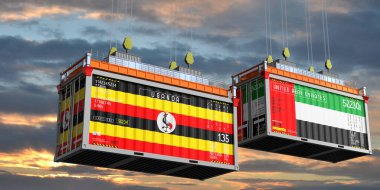 Uganda ve Birleşik Arap Emirlikleri bayraklı konteynırlar - 3 boyutlu illüstrasyon