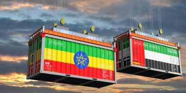 Etiyopya ve Birleşik Arap Emirlikleri bayraklı konteynırlar - 3 boyutlu illüstrasyon