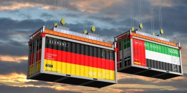 Almanya ve Birleşik Arap Emirlikleri bayraklı konteynırlar - 3 boyutlu illüstrasyon