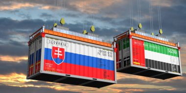 Slovakya ve Birleşik Arap Emirlikleri bayraklı konteynırlar - 3 boyutlu illüstrasyon