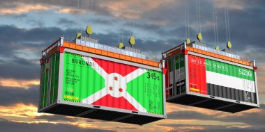 Burundi ve Birleşik Arap Emirliklerinin bayraklı konteynırları - 3 boyutlu illüstrasyon