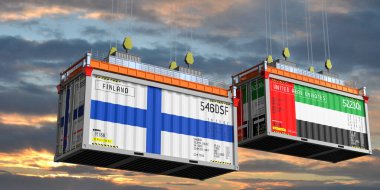 Finlandiya ve Birleşik Arap Emirlikleri bayraklı konteynırlar - 3 boyutlu illüstrasyon