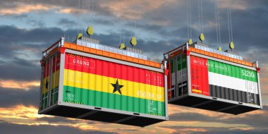 Üzerinde Gana ve Birleşik Arap Emirlikleri bayrakları olan konteynerler - 3 boyutlu illüstrasyon