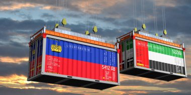 Lihtenştayn ve Birleşik Arap Emirlikleri bayraklı konteynırlar - 3D illüstrasyon