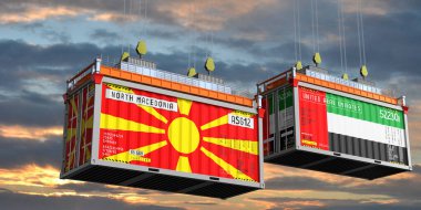Kuzey Makedonya ve Birleşik Arap Emirlikleri bayraklı konteynerler - 3D illüstrasyon
