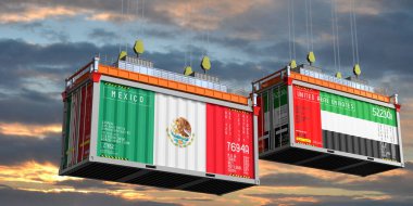 Meksika ve Birleşik Arap Emirlikleri bayraklı konteynırlar - 3 boyutlu illüstrasyon