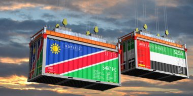 Üzerinde Namibya ve Birleşik Arap Emirlikleri bayrakları olan konteynırlar - 3 boyutlu illüstrasyon