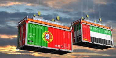 Portekiz ve Birleşik Arap Emirlikleri bayraklı konteynırlar - 3 boyutlu illüstrasyon