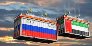 Rusya ve Birleşik Arap Emirlikleri bayraklı konteynırlar - 3 boyutlu illüstrasyon