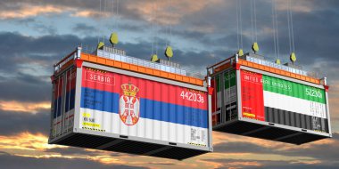 Sırbistan ve Birleşik Arap Emirlikleri bayraklı konteynerler - 3D illüstrasyon