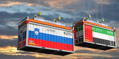 Slovenya ve Birleşik Arap Emirlikleri bayraklı konteynerler - 3 boyutlu illüstrasyon