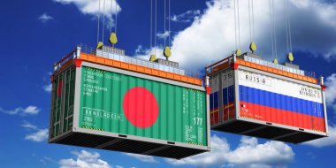 Bangladeş ve Rusya 'nın bayraklı konteynırları - 3D illüstrasyon