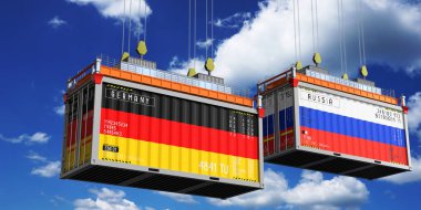 Almanya ve Rusya 'nın bayraklı konteynırları - 3D illüstrasyon