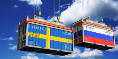 İsveç ve Rusya 'nın bayraklı konteynırları - 3D illüstrasyon