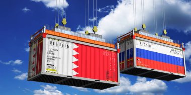 İçinde Bahreyn ve Rusya bayrakları olan konteynırlar - 3 boyutlu illüstrasyon