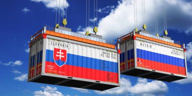Slovakya ve Rusya bayraklı nakliye konteynerleri - 3D illüstrasyon