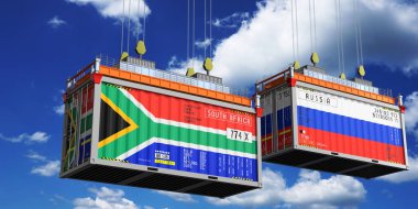 Güney Afrika ve Rusya 'nın bayraklı konteynırları - 3 boyutlu illüstrasyon