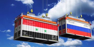 Suriye ve Rusya bayraklı nakliye konteynerleri - 3D illüstrasyon