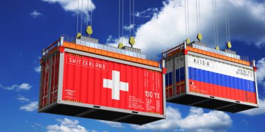 İsviçre ve Rusya 'nın bayraklı konteynırları - 3D illüstrasyon