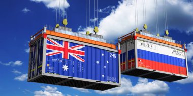 Avustralya ve Rusya 'nın bayraklı konteynırları - 3D illüstrasyon