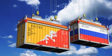 Bhutan ve Rusya 'nın bayraklı konteynırları - 3D illüstrasyon