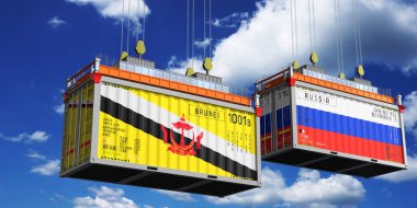 Brunei ve Rusya bayraklı konteynırlar - 3 boyutlu illüstrasyon