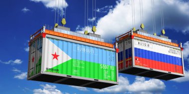 Cibuti ve Rusya bayraklı nakliye konteynerleri - 3D illüstrasyon