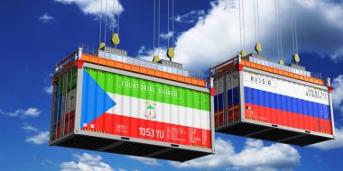 Ekvator Ginesi ve Rusya bayraklı nakliye konteynerleri - 3D illüstrasyon