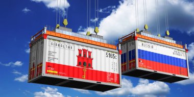 Cebelitarık ve Rusya 'nın bayraklı konteynırları - 3 boyutlu illüstrasyon