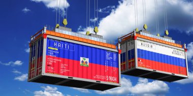 İçinde Haiti ve Rusya 'nın bayrakları olan konteynırlar - 3 boyutlu illüstrasyon