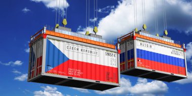 Çek Cumhuriyeti ve Rusya bayraklı konteynerler - 3D illüstrasyon