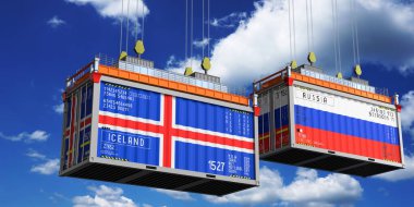 İzlanda ve Rusya 'nın bayraklı konteynırları - 3D illüstrasyon