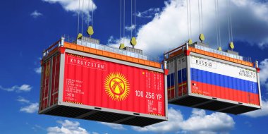 Kırgızistan ve Rusya 'nın bayraklı konteynırları - 3D illüstrasyon